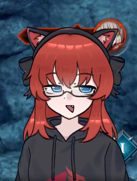 Animated red-haired girl with blue eyes and glasses and black cat ears with a video game background.